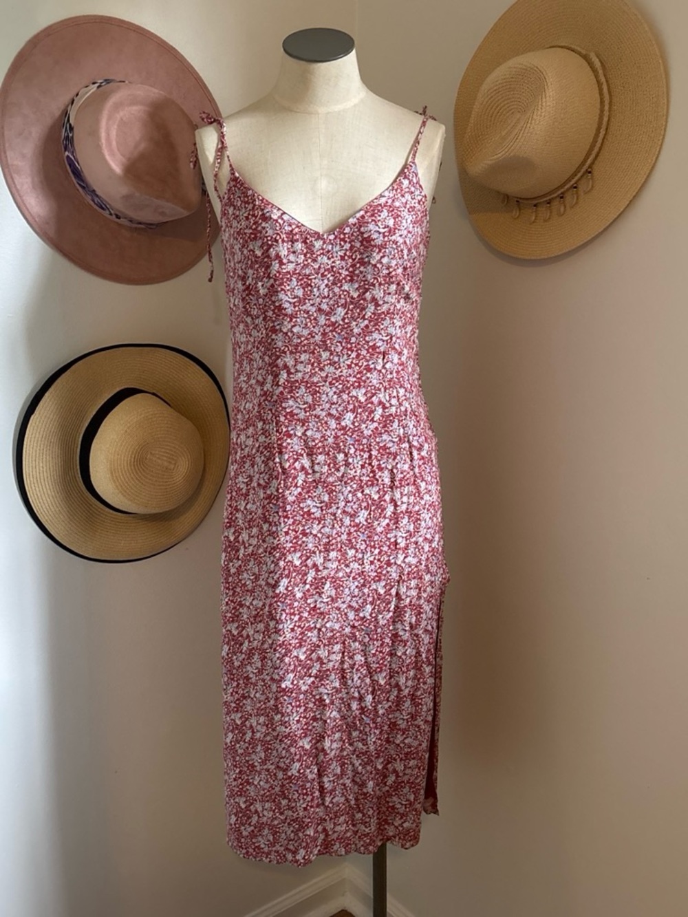 Abercrombie & Fitch Pink-Red Floral Slip Midi Dress